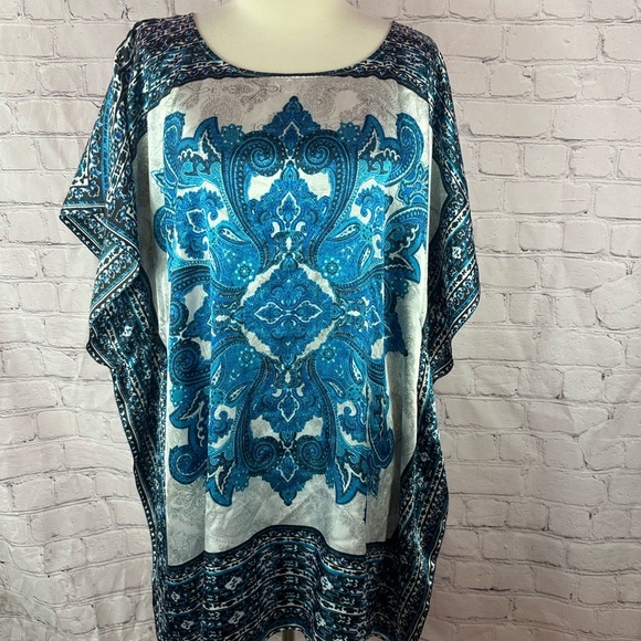 Chico's Blue and Black Patterned Kaftan poncho blouse sz small/medium - Picture 1 of 7